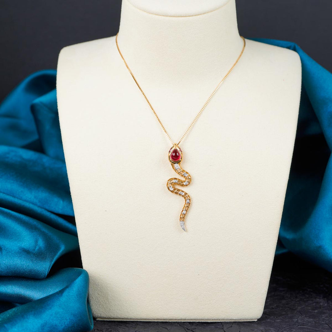 Natural Cabochon Rubellite Purplish Pink Serpenti Necklace 1.11ct, Diamond 0.08ct. 18K Gold