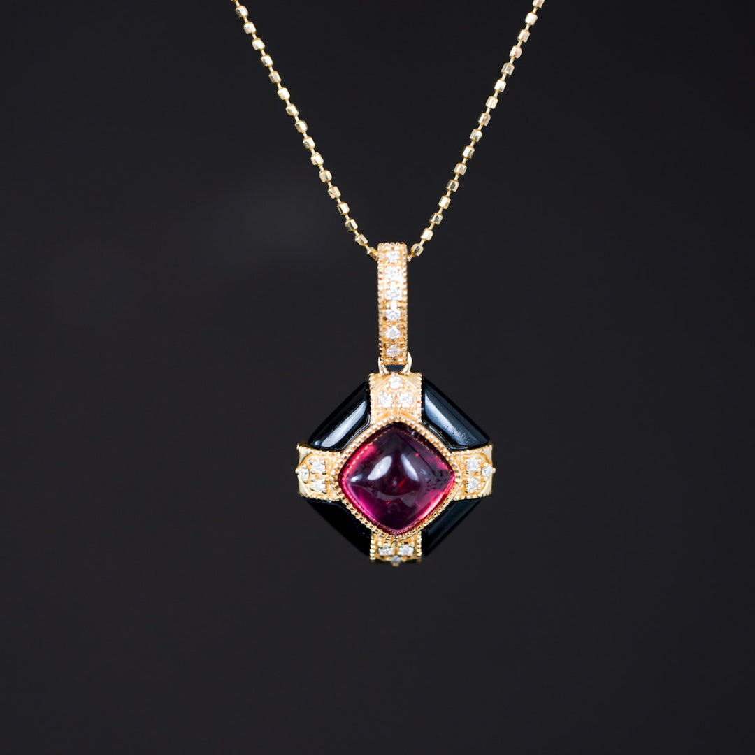 Natural Cabochon Rubellite Purplish Pink Necklace 1.72ct, Diamond 0.075ct. 18K Gold