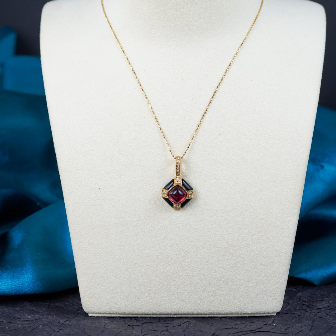 Natural Cabochon Rubellite Purplish Pink Necklace 1.72ct, Diamond 0.075ct. 18K Gold