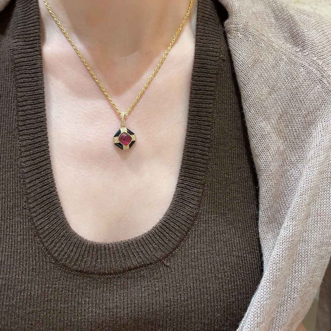 Natural Cabochon Rubellite Purplish Pink Necklace 1.72ct, Diamond 0.075ct. 18K Gold