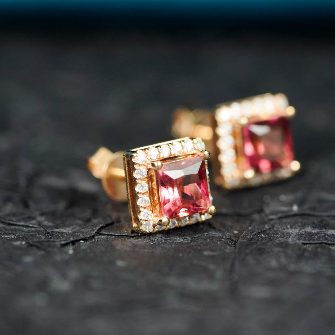 Natural Pink Tourmaline Stone Stud Earrings 1.55ct, Diamond 0.2ct. 18K Gold