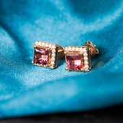 Natural Pink Tourmaline Stone Stud Earrings 1.55ct, Diamond 0.2ct. 18K Gold