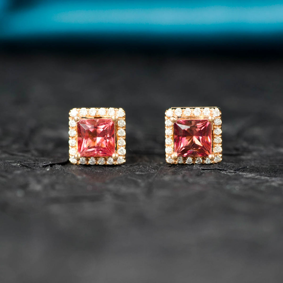 Natural Pink Tourmaline Stone Stud Earrings 1.55ct, Diamond 0.2ct. 18K Gold
