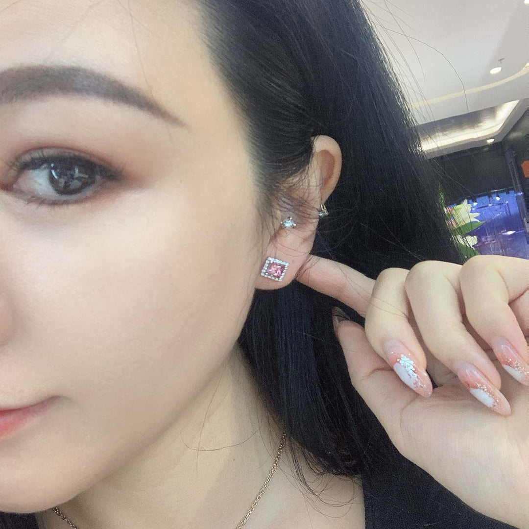 Natural Pink Tourmaline Stone Stud Earrings 1.55ct, Diamond 0.2ct. 18K Gold
