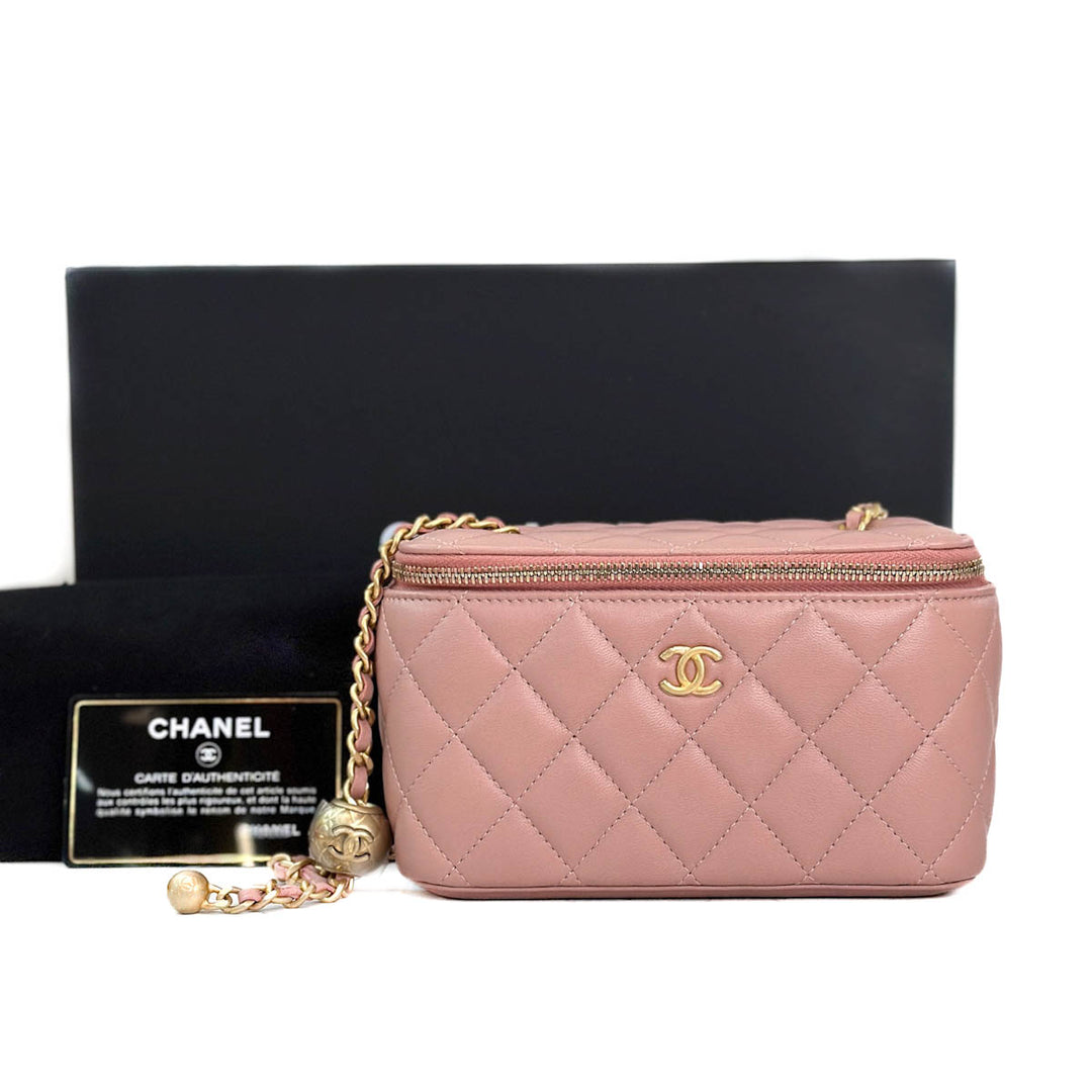 Chanel Pink Lambskin Vanity Box Bag with Pearl Crush