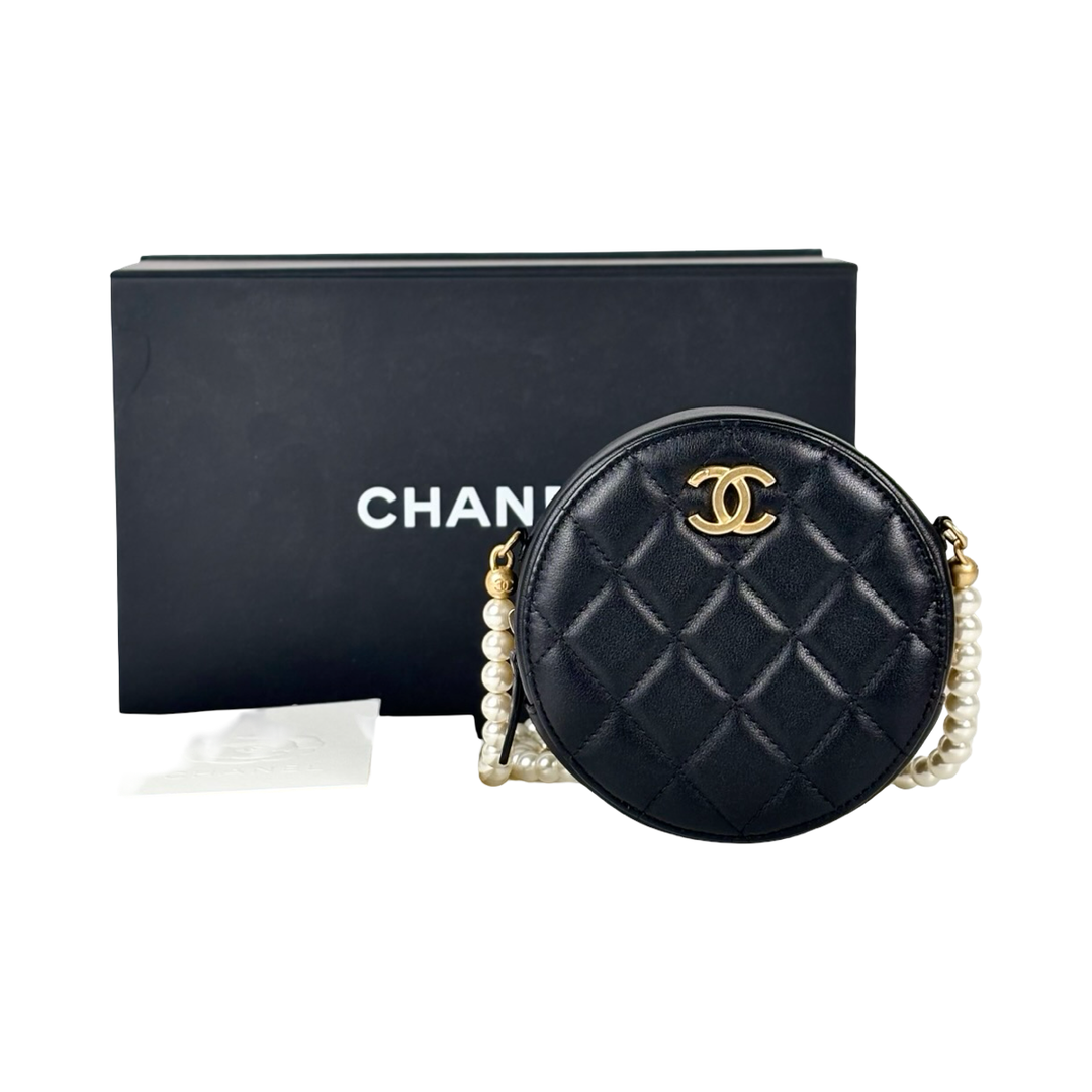Chanel Black Round Clutch with Pearl Chain Lambskin Bag