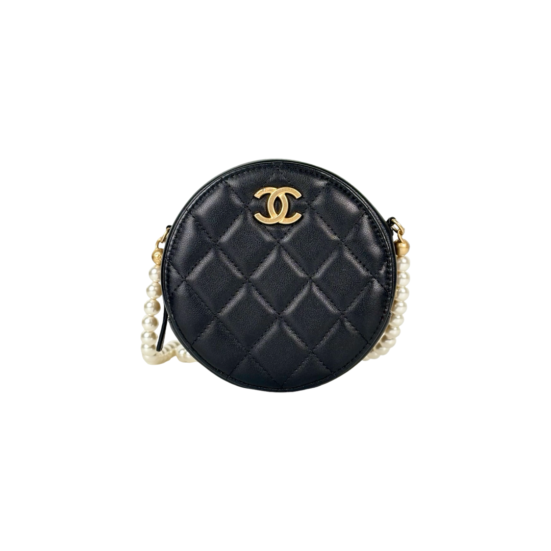 Chanel Black Round Clutch with Pearl Chain Lambskin Bag