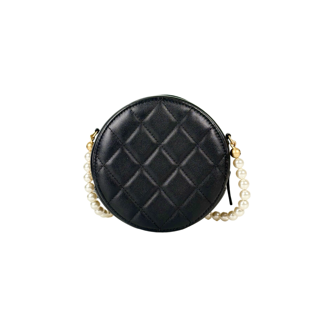 Chanel Black Round Clutch with Pearl Chain Lambskin Bag