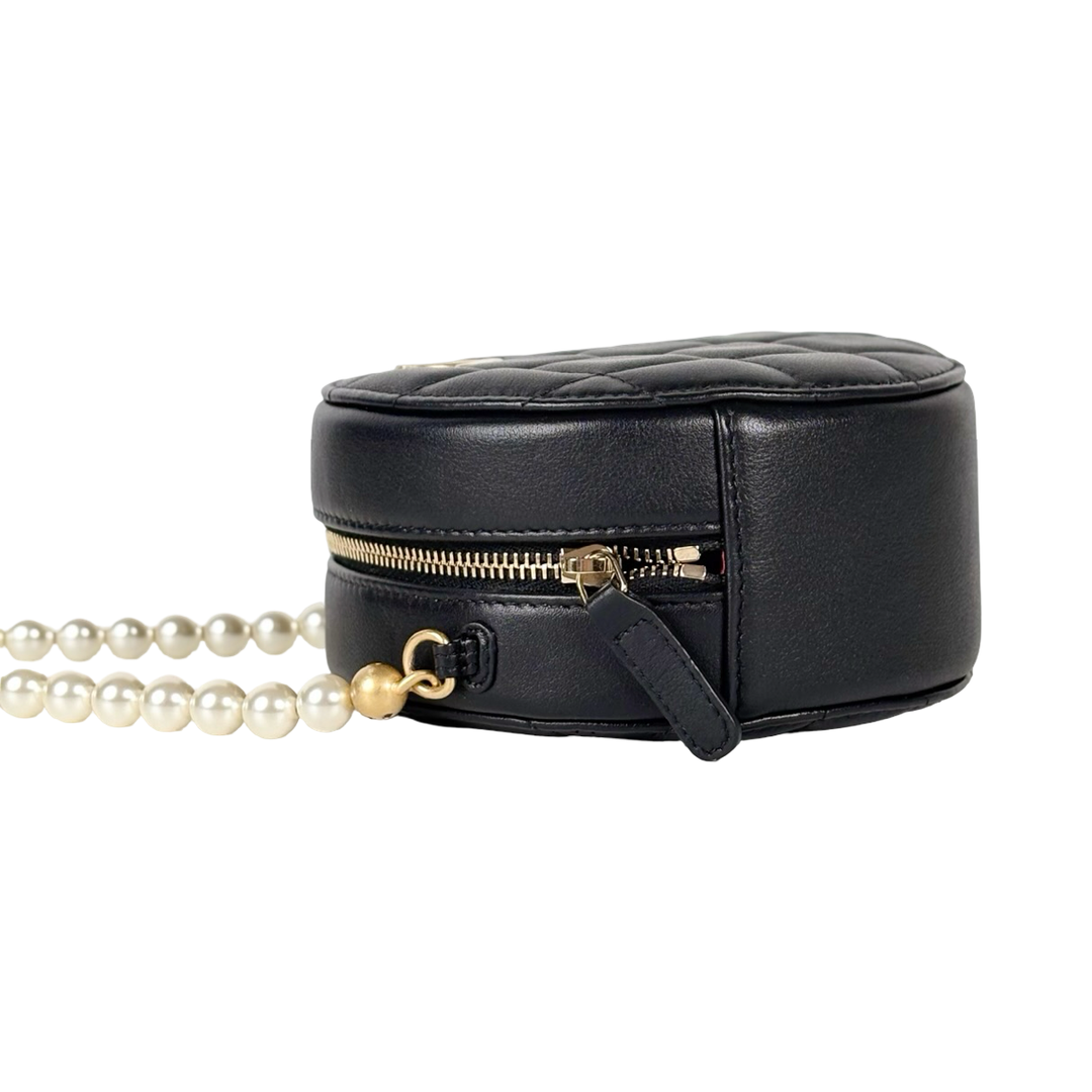 Chanel Black Round Clutch with Pearl Chain Lambskin Bag