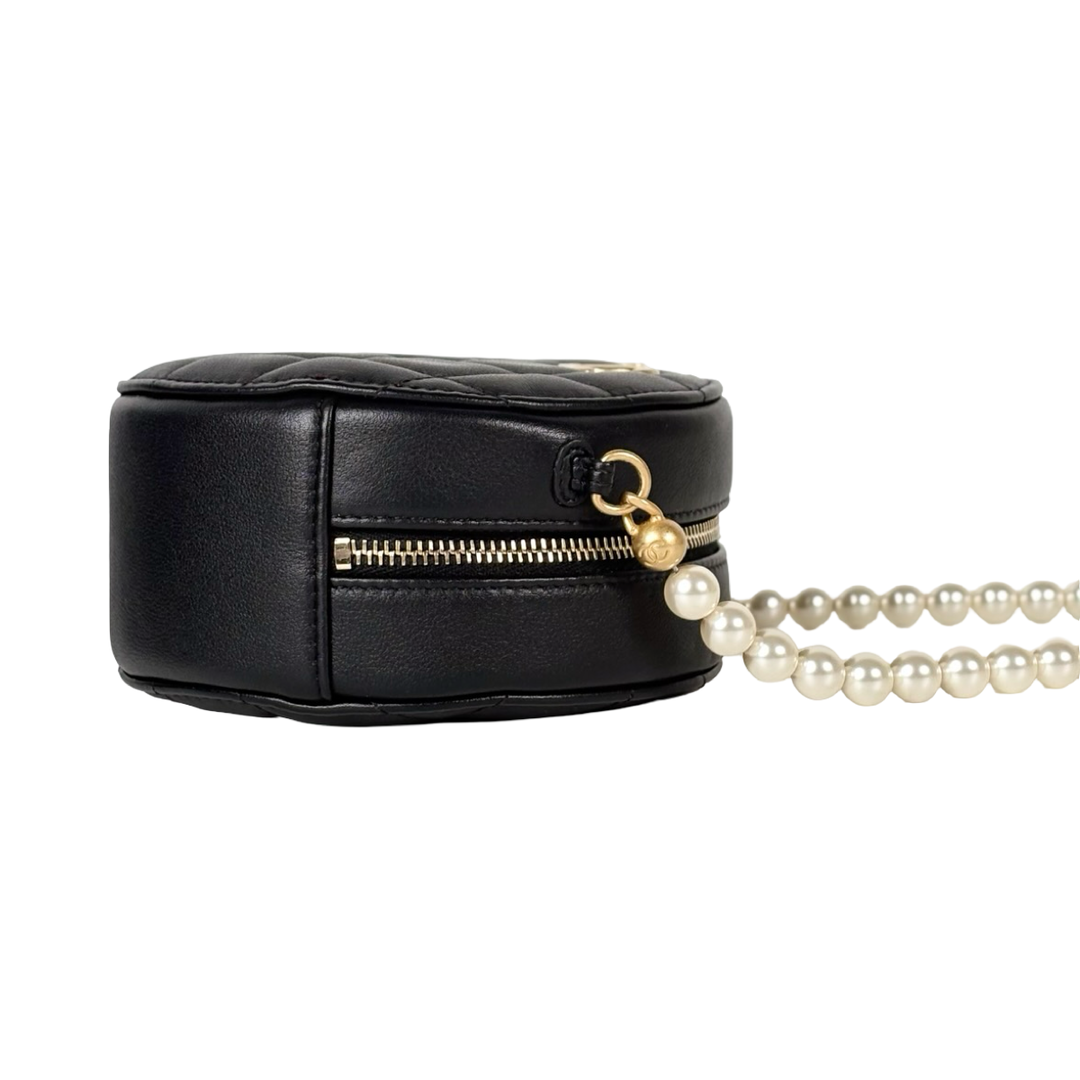 Chanel Black Round Clutch with Pearl Chain Lambskin Bag
