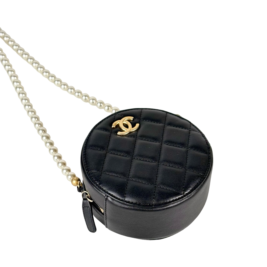 Chanel Black Round Clutch with Pearl Chain Lambskin Bag