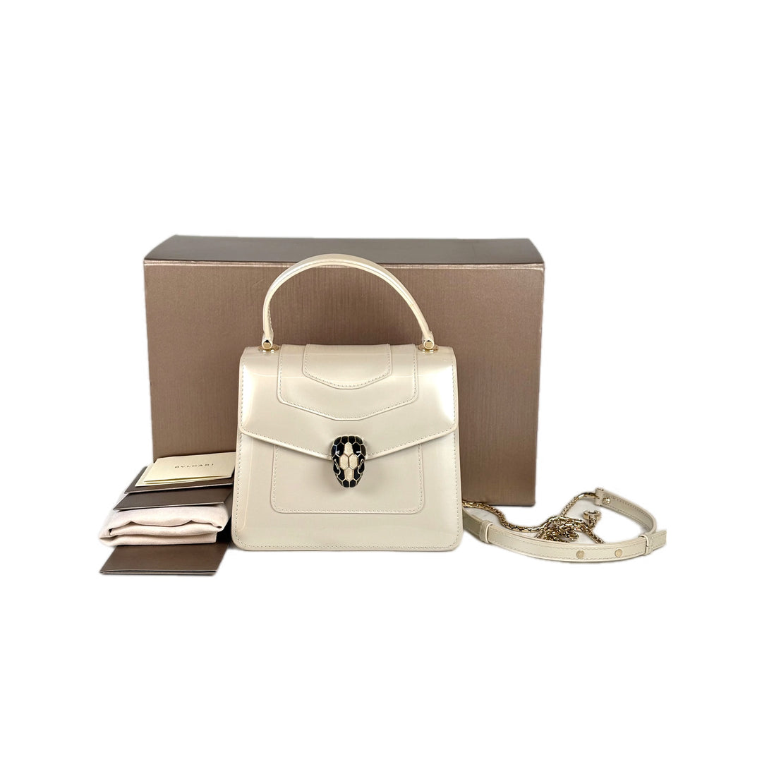 Bvlgari Serpenti Bag Top Handle Pearly White Patent Leather