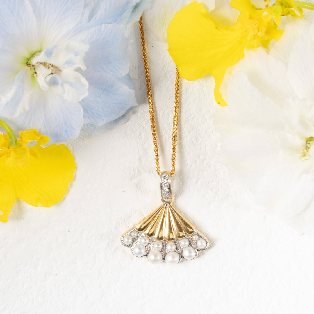 Natural Pearl Diamond Fan Necklace D0.06ct,18K