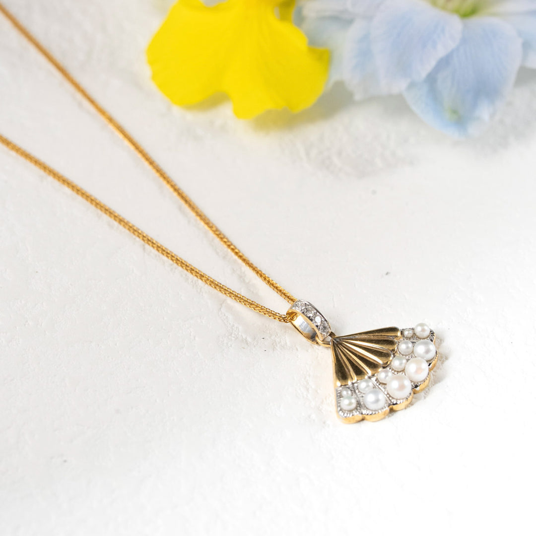 Natural Pearl Diamond Fan Necklace D0.06ct,18K
