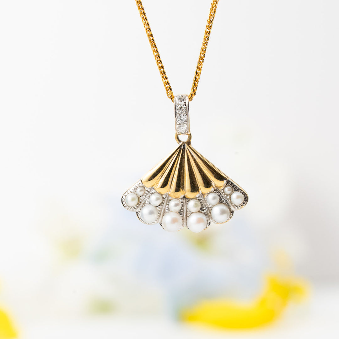 Natural Pearl Diamond Fan Necklace D0.06ct,18K