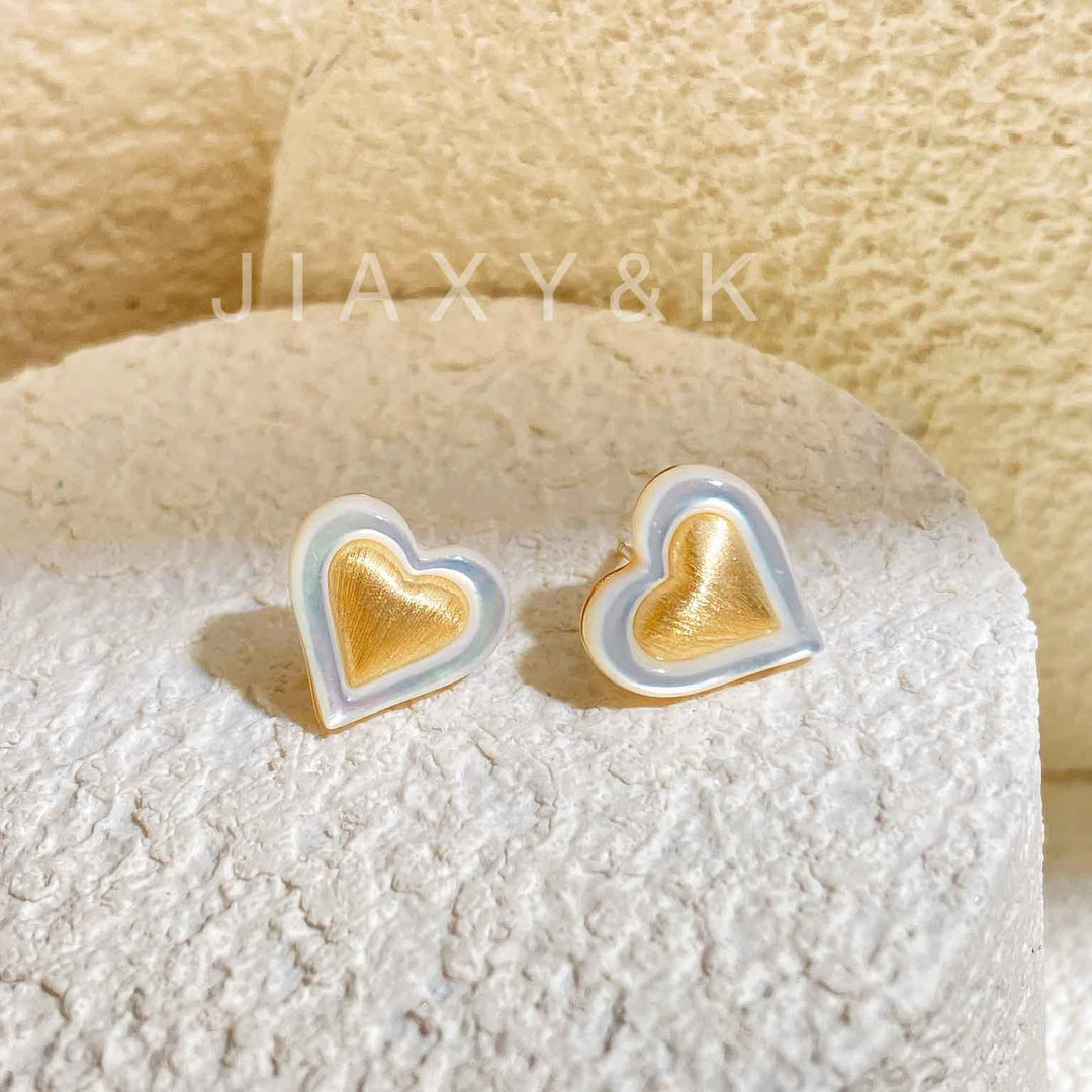 Plain 18k Yellow Gold Heart Earrings White Mother of Pearl, 1.668g