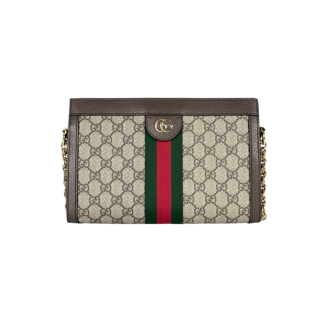Pre-owned Gucci Ophidia Medium Chain Bag in Brown, Beige, Red, Green Canvas, Calfskin