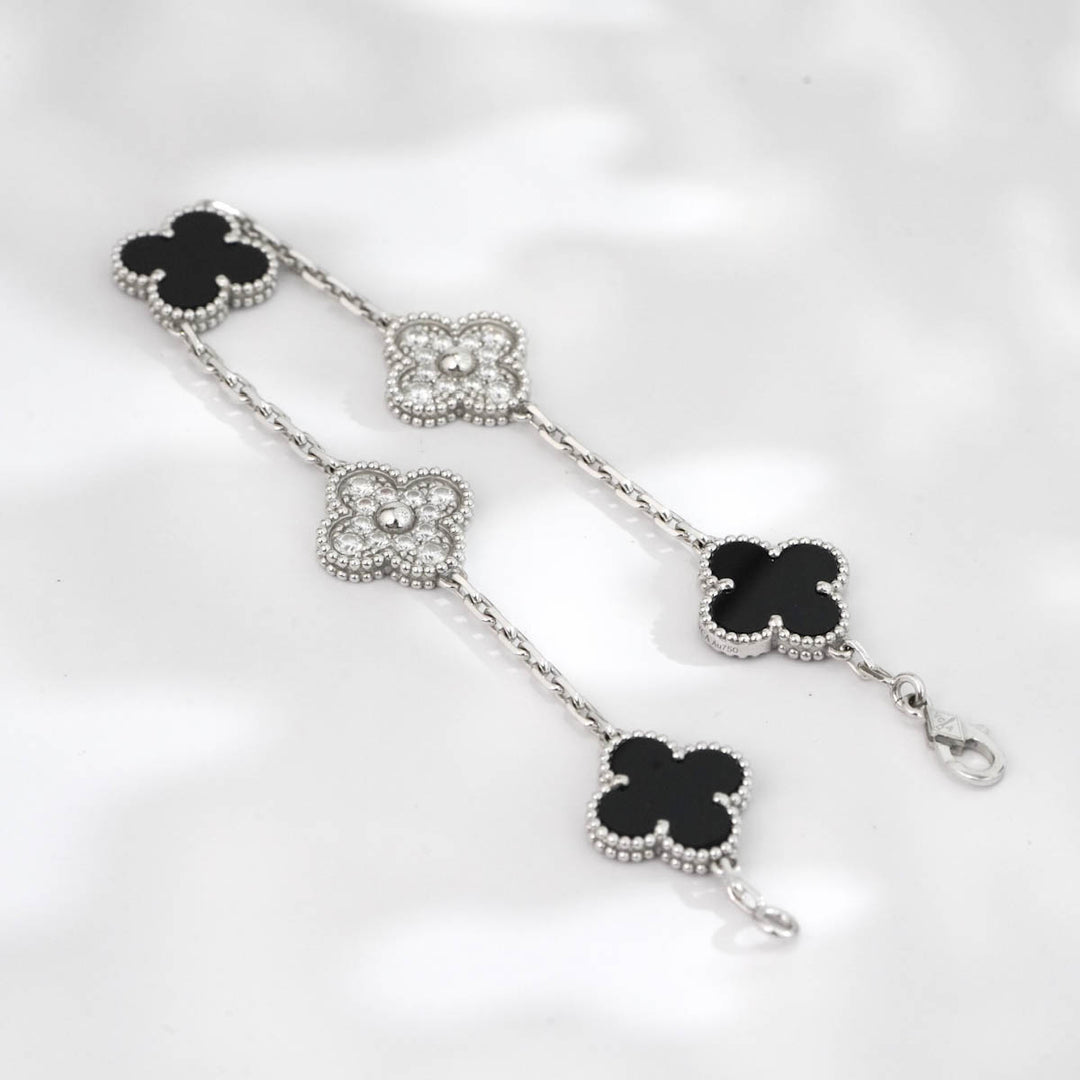 VCA Vintage Alhambra Bracelet, 5 motifs 18K white gold, Diamond, Onyx