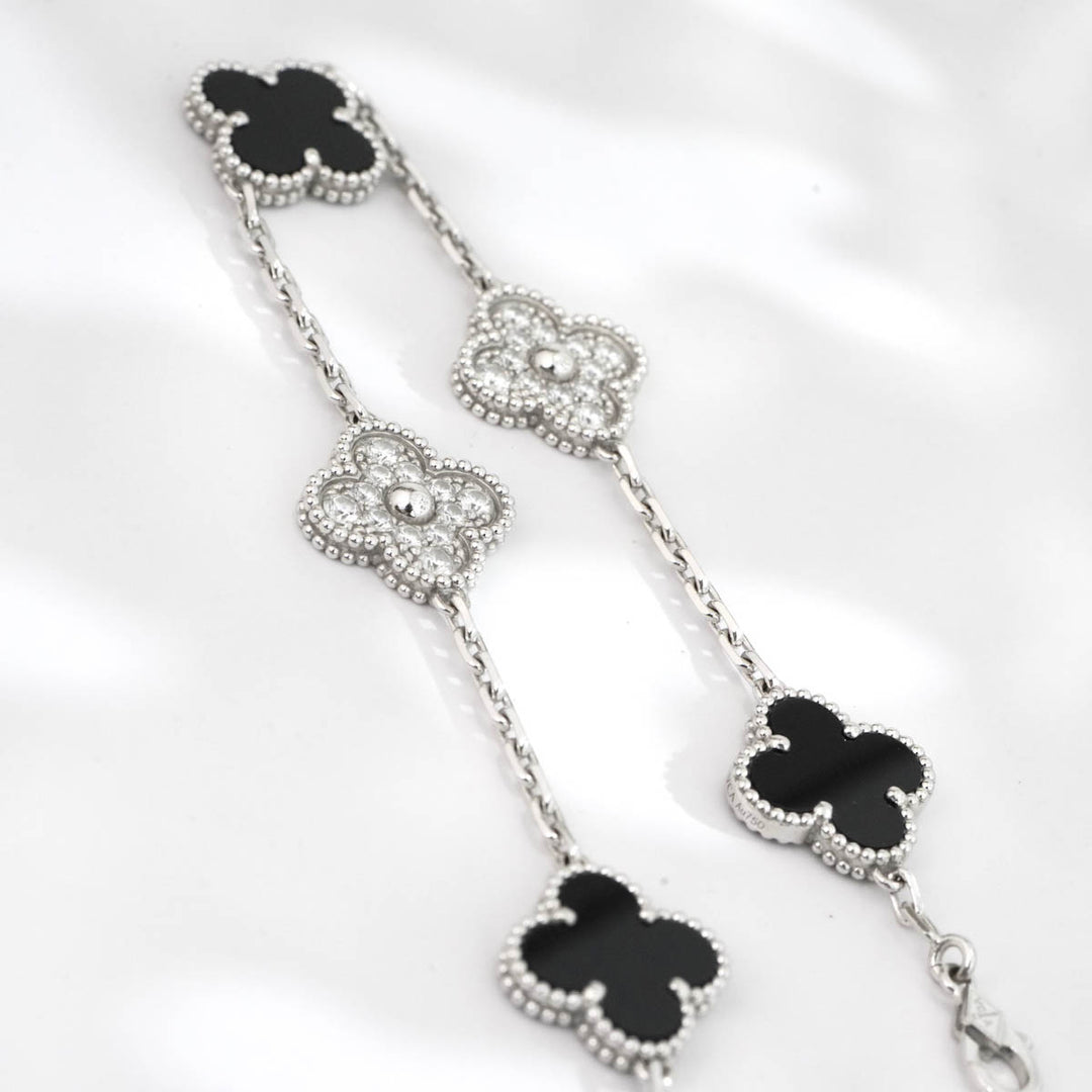 VCA Vintage Alhambra Bracelet, 5 motifs 18K white gold, Diamond, Onyx
