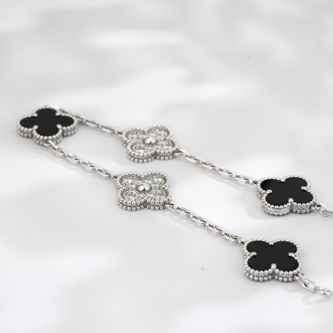 VCA Vintage Alhambra Bracelet, 5 motifs 18K white gold, Diamond, Onyx