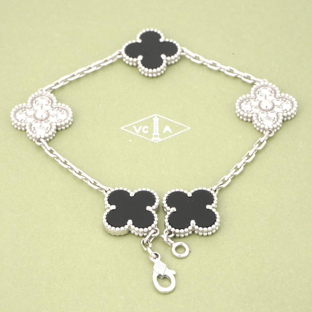 VCA Vintage Alhambra Bracelet, 5 motifs 18K white gold, Diamond, Onyx