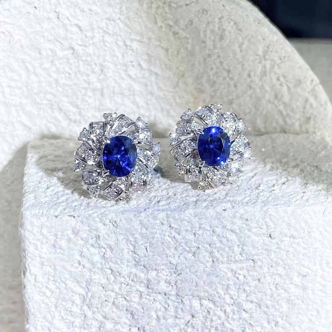 Natural Sri Lanka Royal Blue Sapphire Stone Earrings 1.59ct, Diamond 0.504ct. 18K Gold