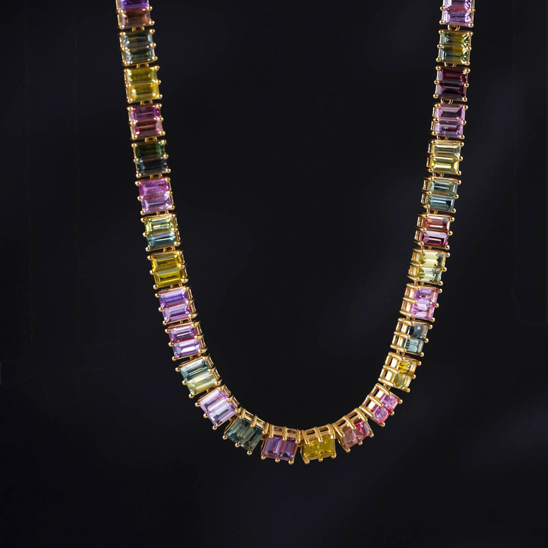 Unheated Natural Multi-colored Sapphire Stone Necklace 18.67ct, 18K Gold