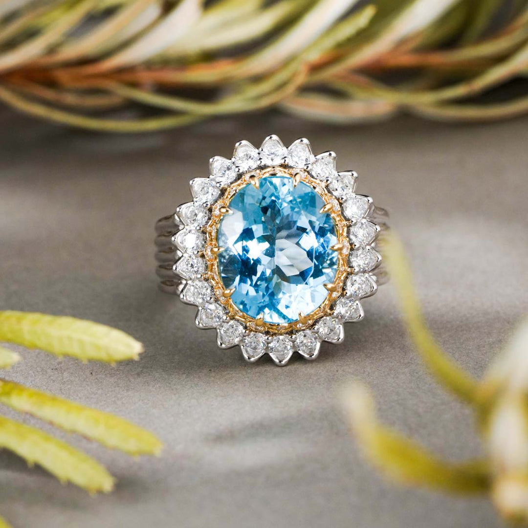 Natural Exceptional Santa Maria Color Aquamarine Stone Ring 5.48ct, Diamond 1.05ct 18K Gold GUILD