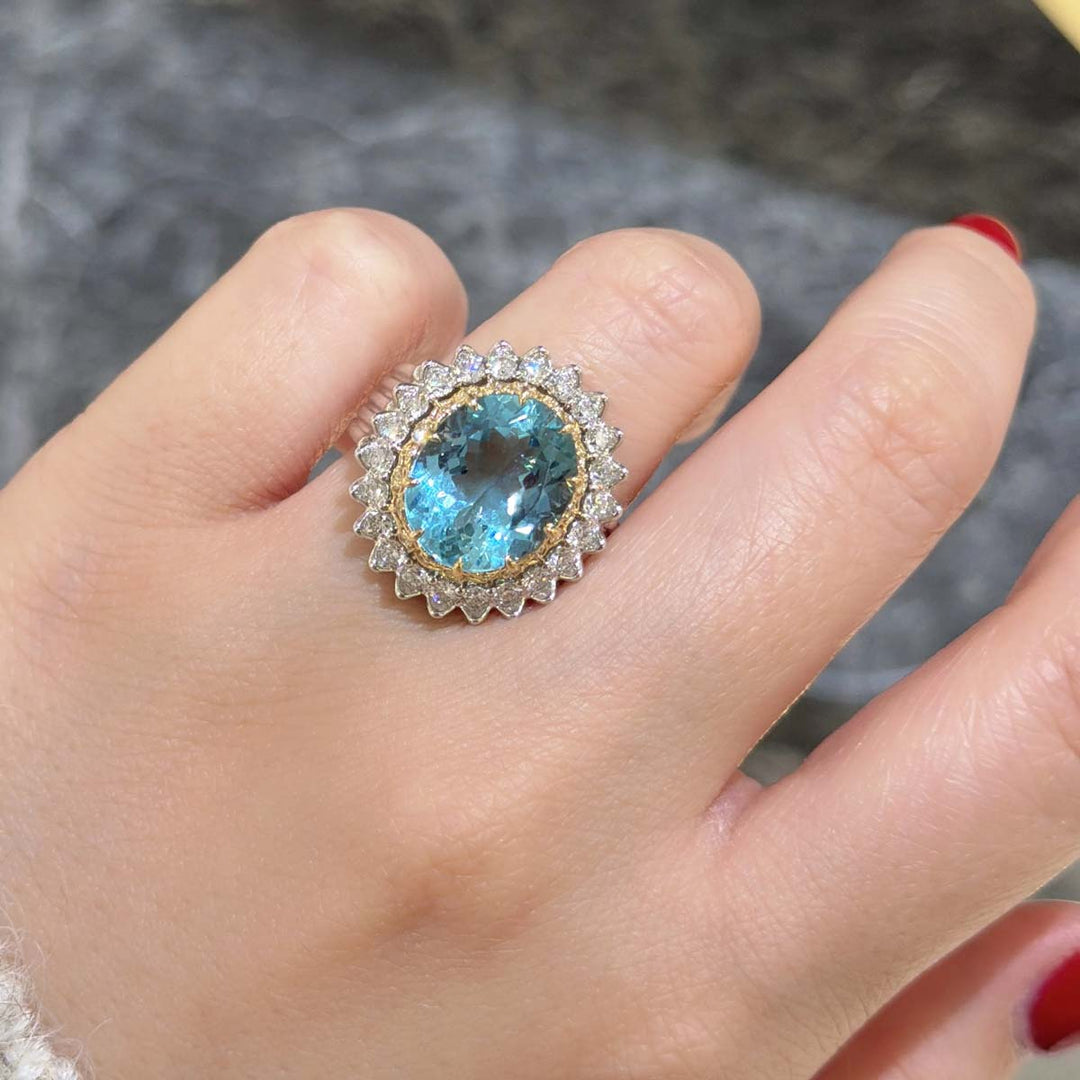 Natural Exceptional Santa Maria Color Aquamarine Stone Ring 5.48ct, Diamond 1.05ct 18K Gold GUILD