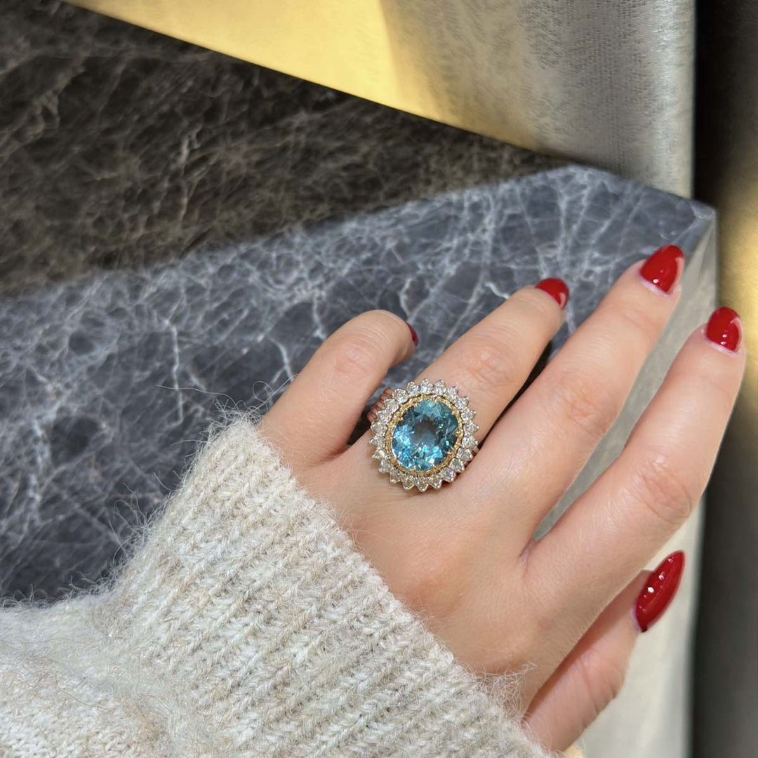Natural Exceptional Santa Maria Color Aquamarine Stone Ring 5.48ct, Diamond 1.05ct 18K Gold GUILD
