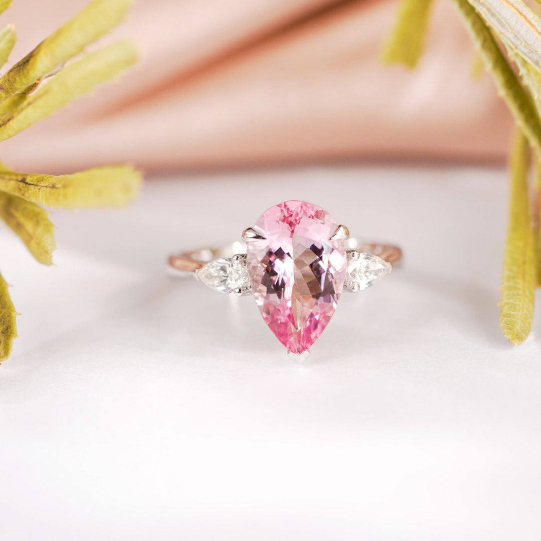 Natural Cherry Blossom Color Morganite Stone Ring 3.08ct, Diamond 0.98ct 18K Gold GUILD