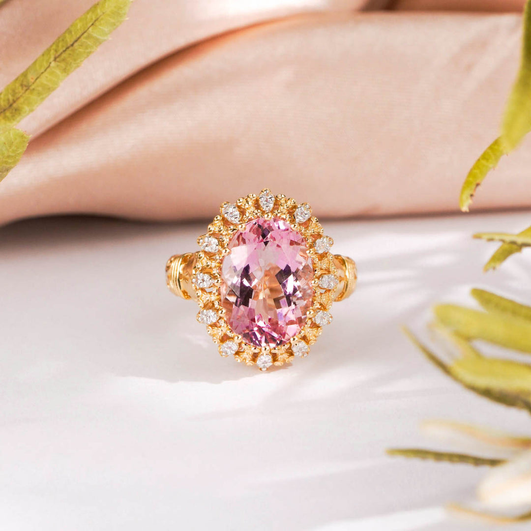 Natural Exceptional Cherry Blossom Color Morganite Stone Ring 5.98ct, Diamond 0.455ct 18K Gold GUILD