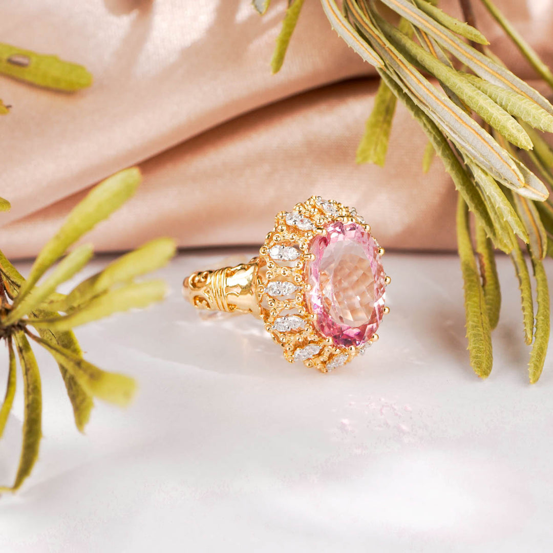 Natural Exceptional Cherry Blossom Color Morganite Stone Ring 5.98ct, Diamond 0.455ct 18K Gold GUILD