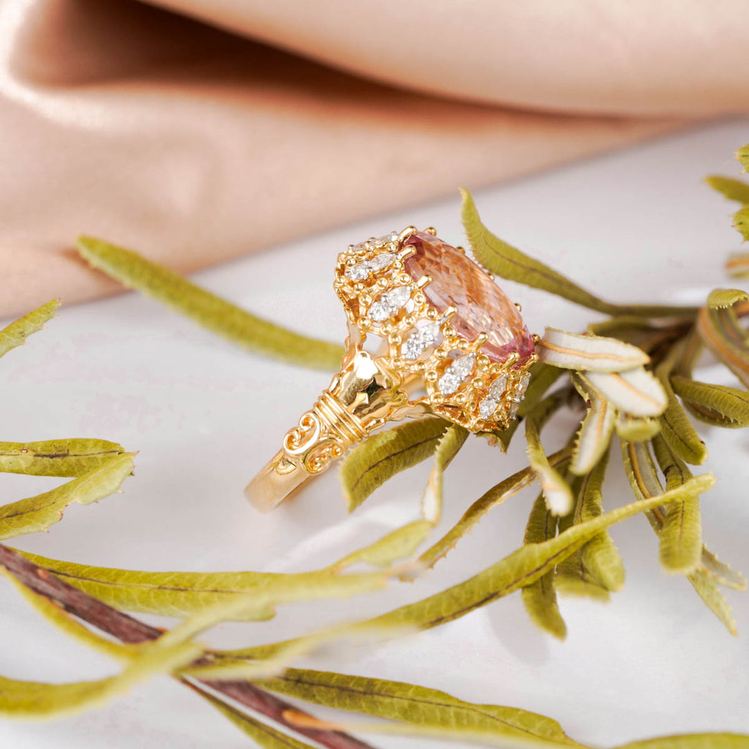 Natural Exceptional Cherry Blossom Color Morganite Stone Ring 5.98ct, Diamond 0.455ct 18K Gold GUILD