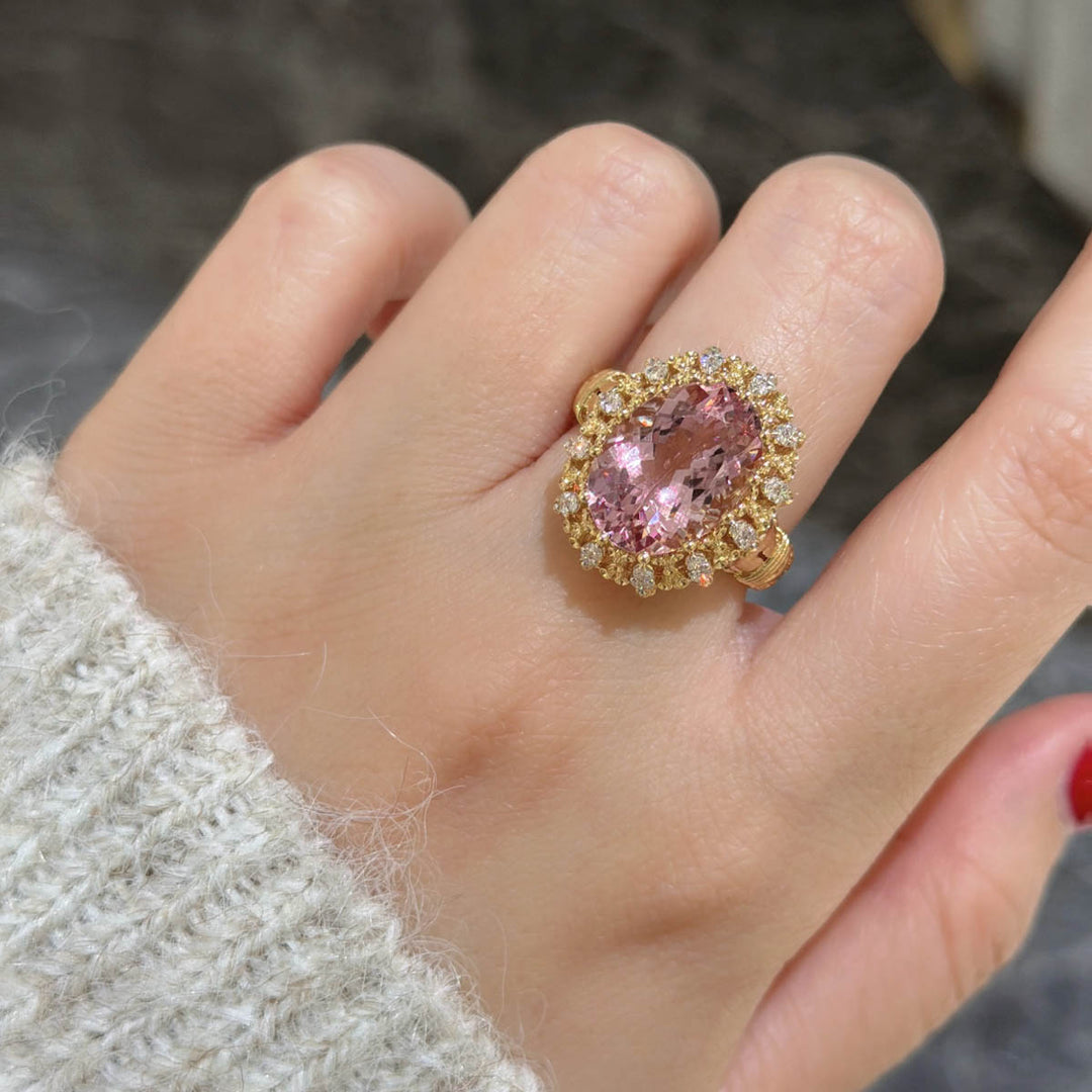 Natural Exceptional Cherry Blossom Color Morganite Stone Ring 5.98ct, Diamond 0.455ct 18K Gold GUILD