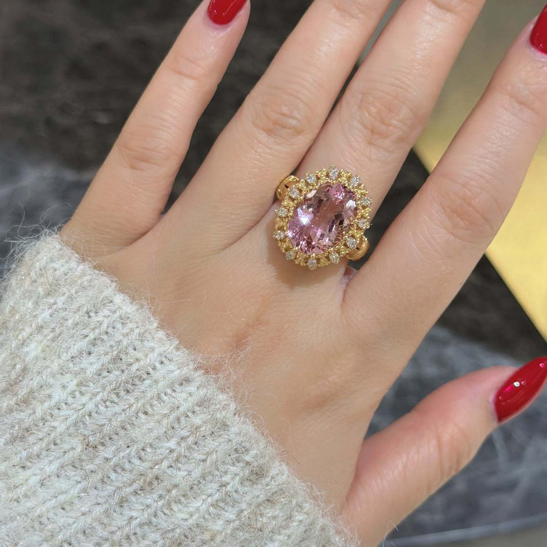 Natural Exceptional Cherry Blossom Color Morganite Stone Ring 5.98ct, Diamond 0.455ct 18K Gold GUILD