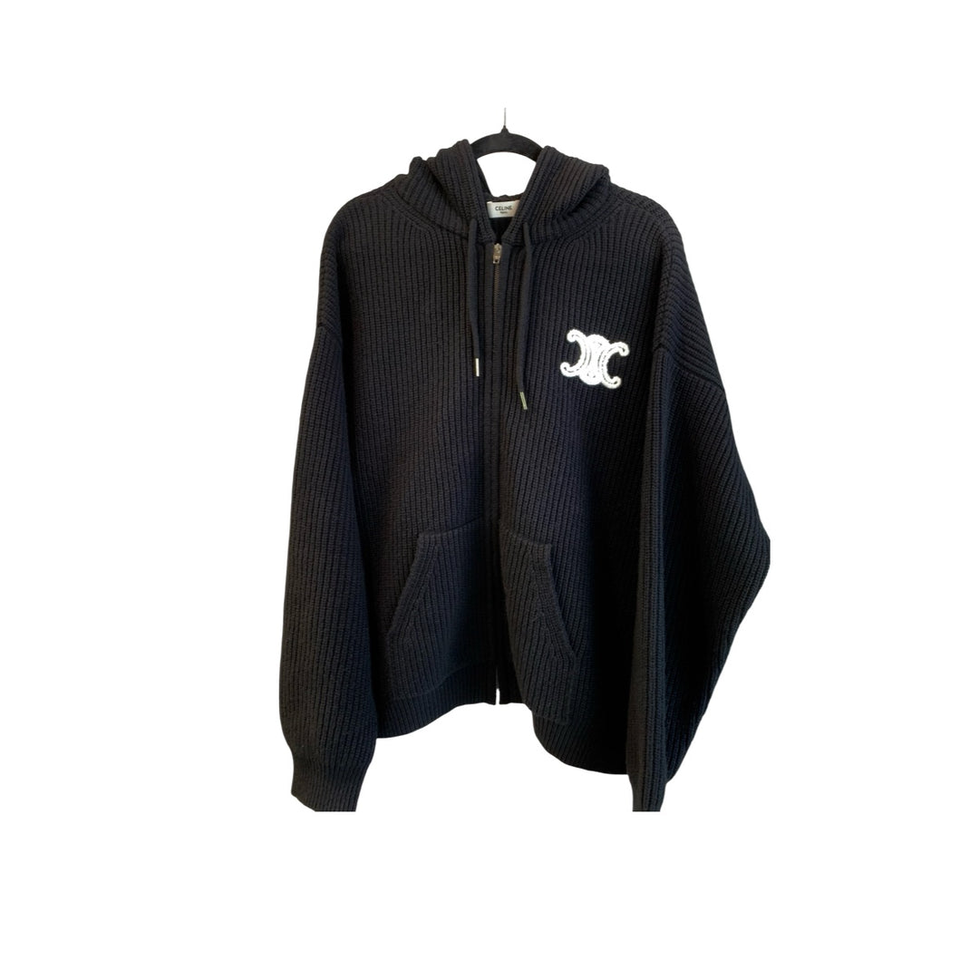 Celine Black Hooded Cardigan in Ribbed Wool #M