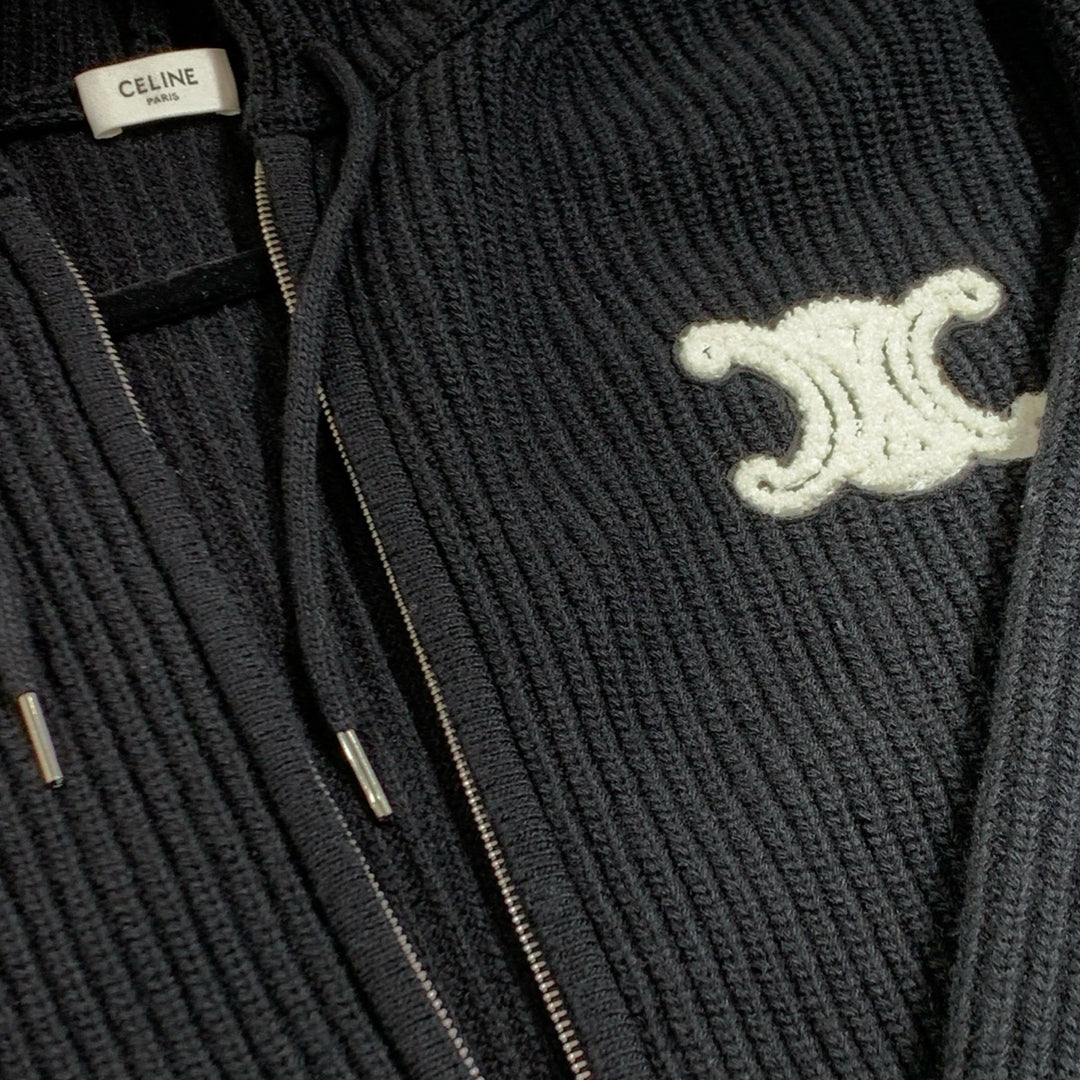 Celine Black Hooded Cardigan in Ribbed Wool #M