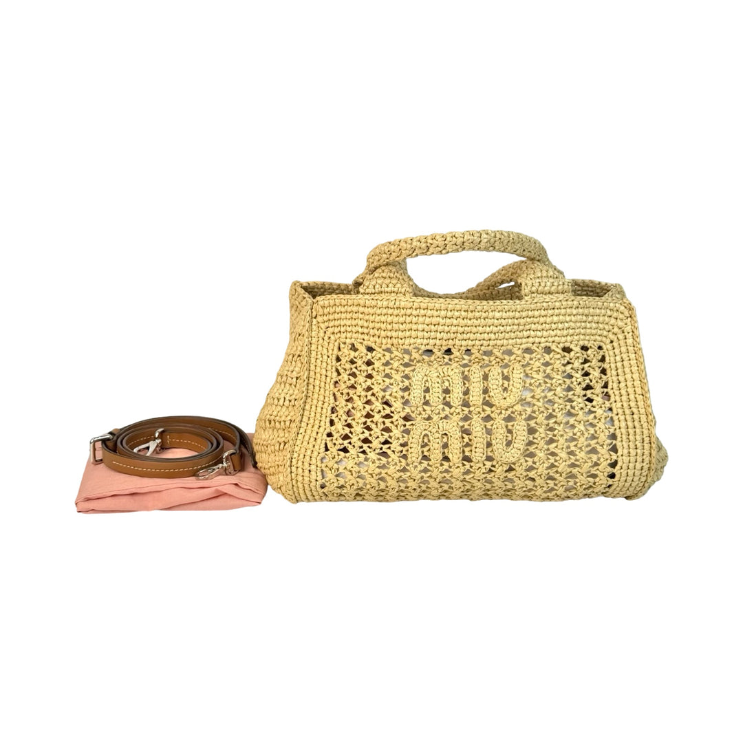 Miumiu Neutral Raffia Crochet Tote Bag
