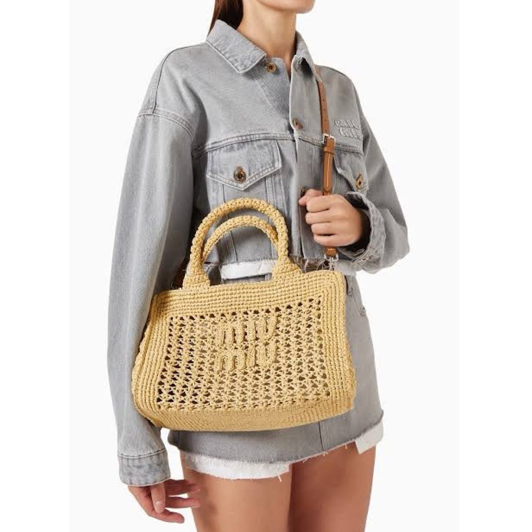 Miumiu Neutral Raffia Crochet Tote Bag