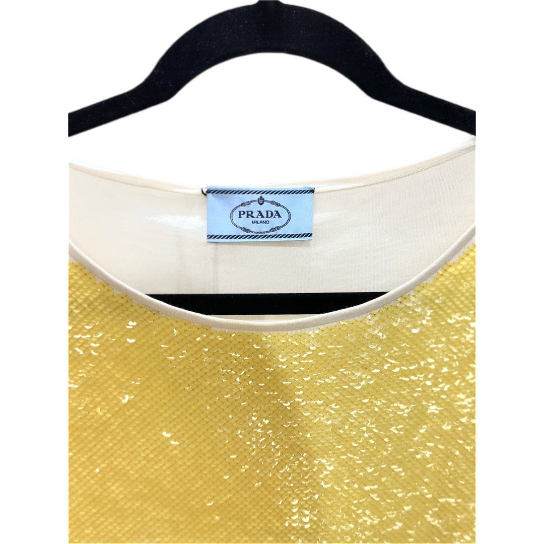 Prada Sleeveless Top With Yellow Sequined Silk/Cotton Size 42#