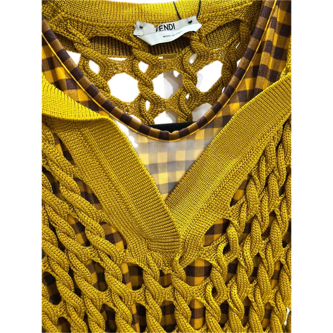 Fendi Short-Sleeve Open-Knit Top Yellow 2 Pieces