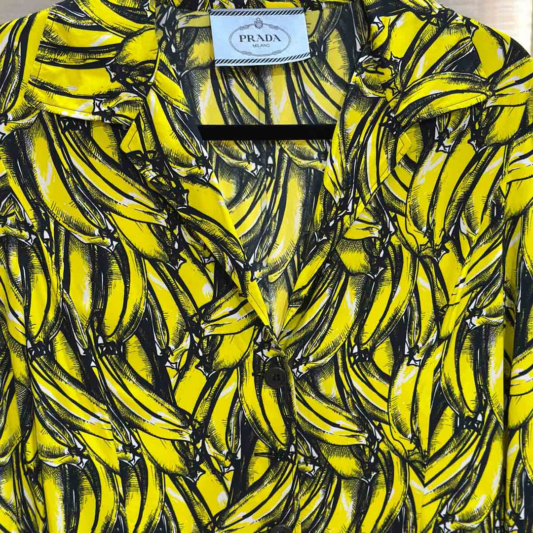 Prada Long Sleeves Collared Dress With Banana&Flame Design Viscosa 40#