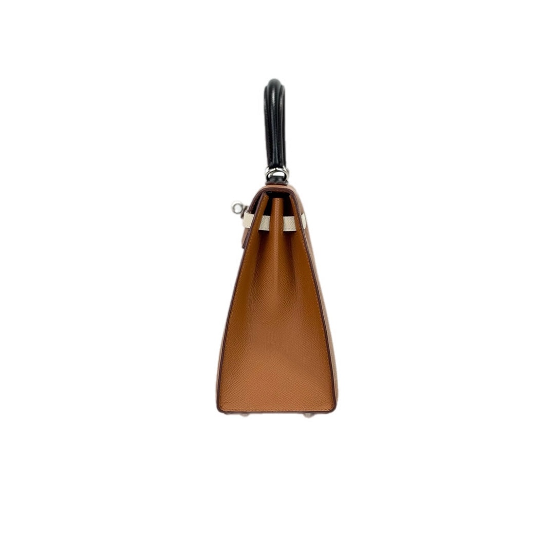 Hermes Kelly 25cm Epsom Gold/Craie/Black/Blue Sapphire