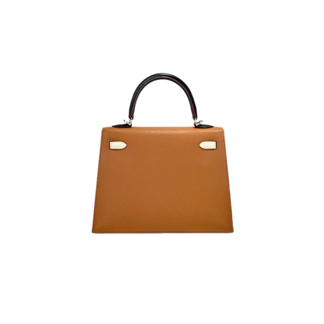 Hermes Kelly 25cm Epsom Gold/Craie/Black/Blue Sapphire