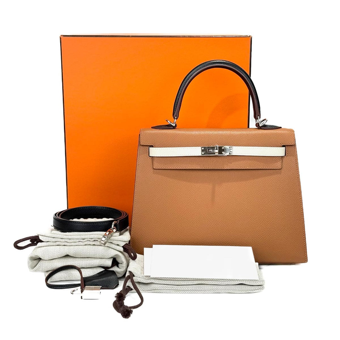 Hermes Kelly 25cm Epsom Gold/Craie/Black/Blue Sapphire