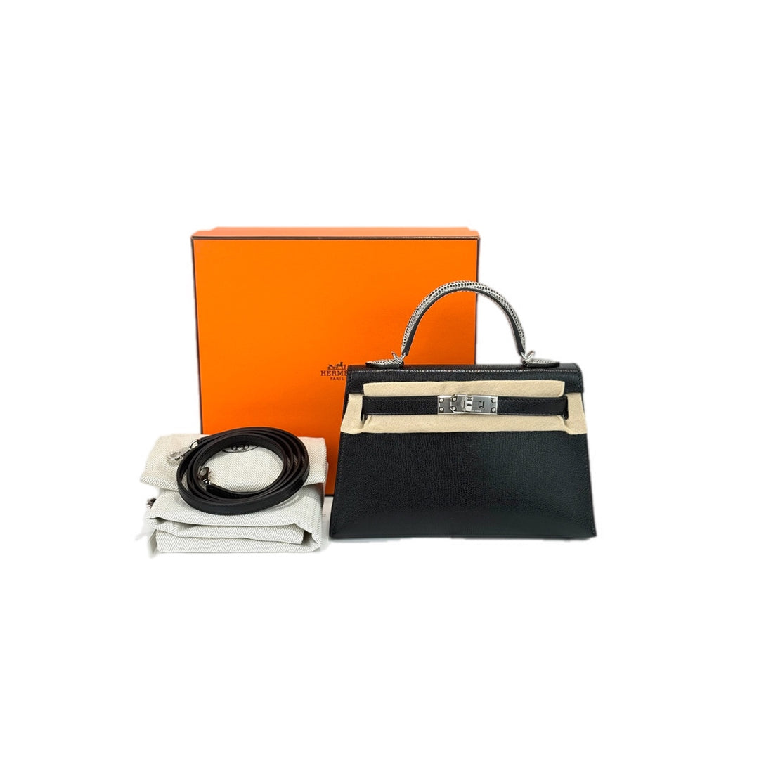 Hermes Kelly Mini Black Goat Skin with Lizard Handle