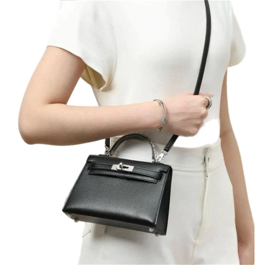 Hermes Kelly Mini Black Goat Skin with Lizard Handle