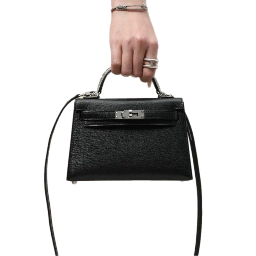 Hermes Kelly Mini Black Goat Skin with Lizard Handle