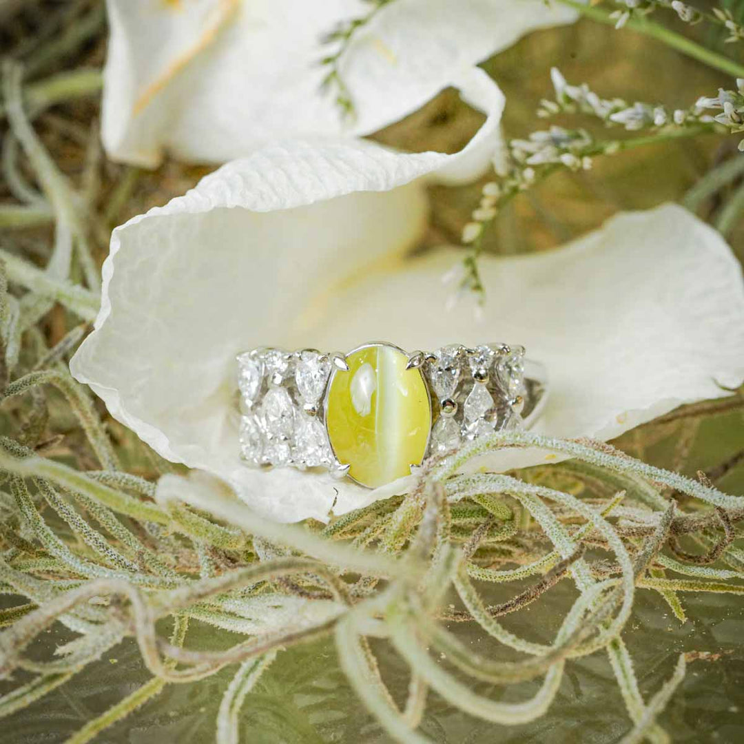 Natural Cat’s Eye Chrysoberyl CabochonDiamond Ring D1.94 d0.67ct PT900